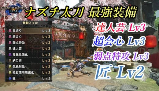 【モンハンライズ】現環境最強クラス ナズチ太刀装備 達人芸Lv3・超会心Lv3・弱点特攻Lv3【MHRise】