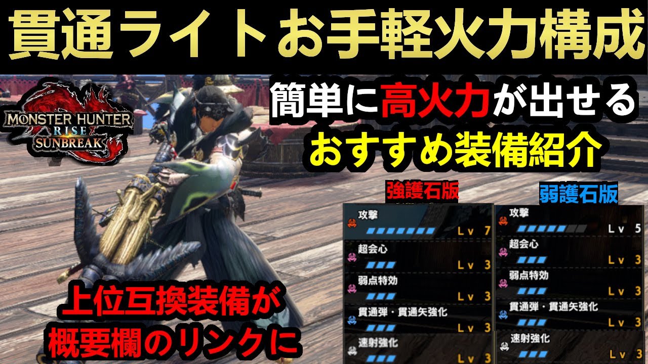 モンハンサンブレイク 誰でも簡単高火力の貫通ライトテンプレ装備の超シンプル構成 この動画の完全上位互換装備は概要欄のリンクへ ガルク速報